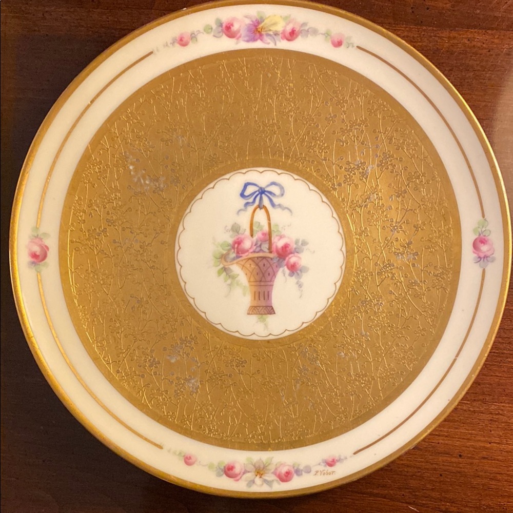 Antique Pickard Rose Basket & Gold Trailing Vine